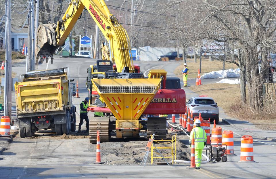 Pacella Construction digs up a section of Main Street on Tuesday in Hyannis, just east of the West End Rotary, where continuing sewer improvements have temporarily closed the street to westbound traffic only.