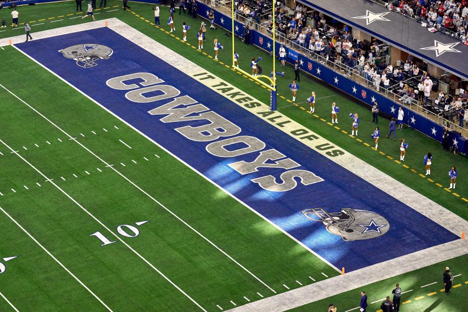 ARLINGTON, TX - A panorama of the Dallas Cowboys logo seen in the end zone during the NFC Wild Card game between the San Francisco 49ers and the Dallas Cowboys on January 16, 2022 at AT&T Stadium in Arlington, TX.  (Photo by Robin Alam/Icon Sportswire via Getty Images)