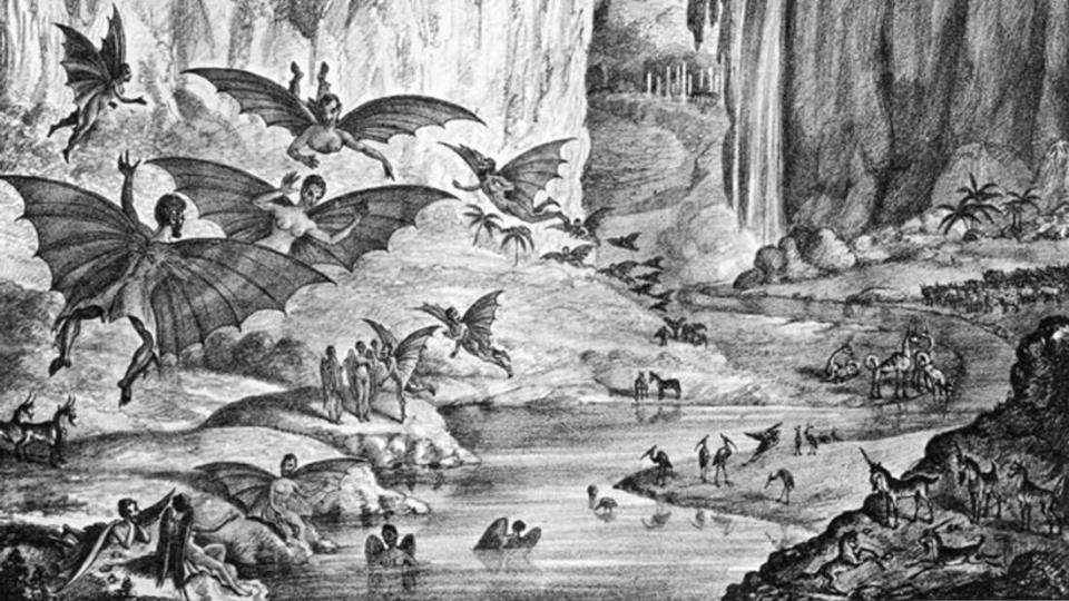 Seres peludos con alas de murciélago en la luna - crédito imagen The New York Sun - 1835. (Imagen de dominio público vista en wikimedia commons).