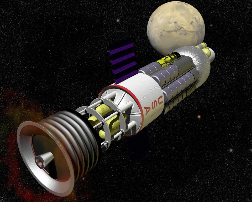 A concept drawing of Project Orion with a nuclear-powered spaceshift labeled USA heading toward a planet