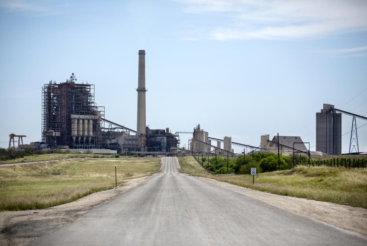 The entrance to the San Miguel Electric Cooperative coal-burning power plant on April 26, 2019.