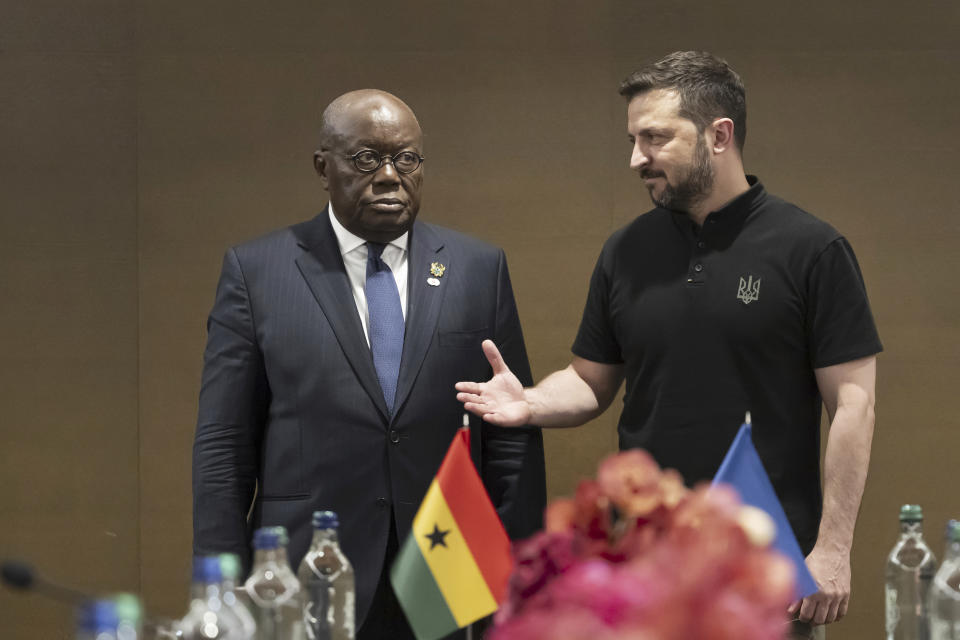 Ukrainian President Volodymyr Zelenskyy, right, and Ghana's President Nana Addo Dankwa Akufo-Addo attend their meeting during the Summit on peace in Ukraine, in Obbürgen, Switzerland, Sunday, June 16, 2024. (Alessandro della Valle/Keystone via AP)