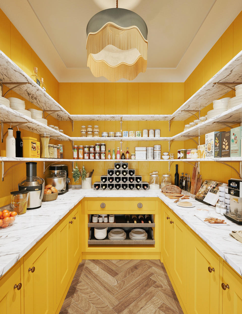Pantry painted yellow with wall shelving