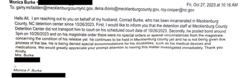 An Oct. 27, 2023, email that Monica Burke sent to Mecklenburg County Sheriff Garry McFadden concerning her husband’s time in the jail. Provided/Ryan Oehrli