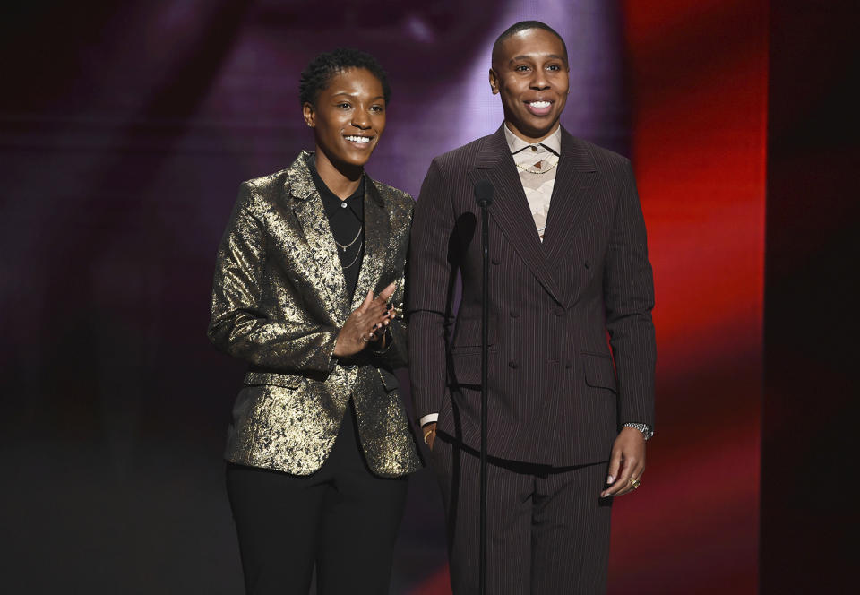 Jonica T. Gibbs, left, and Lena Waithe speak on stage at the 51st NAACP Image Awards at the Pasadena Civic Auditorium on Saturday, Feb. 22, 2020, in Pasadena, Calif. (AP Photo/Chris Pizzello)