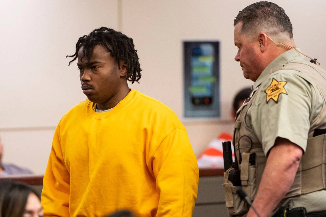 Daevon Jamari Motshwane, 18, is led out of the courtroom after appearing before Judge Carol Ash in Merced County Superior Court in Merced, Calif., on Thursday, Dec. 1, 2022.