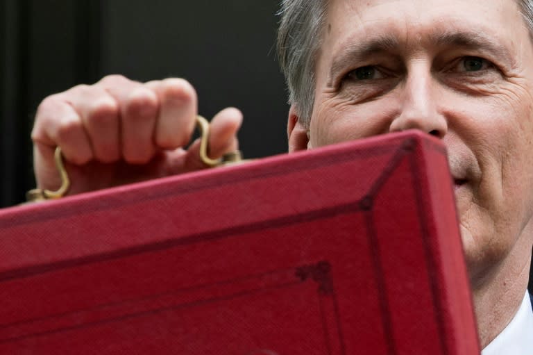 Britain's Chancellor of the Exchequer Philip Hammond holds up the ministerial budget box