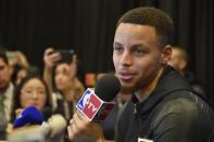 Feb 12, 2016; Toronto, Ontario, Canada; Western Conference guard Stephen Curry of the Golden State Warriors (30) speaks during media day for the 2016 NBA All Star Game at Sheraton Centre. Bob Donnan-USA TODAY Sports