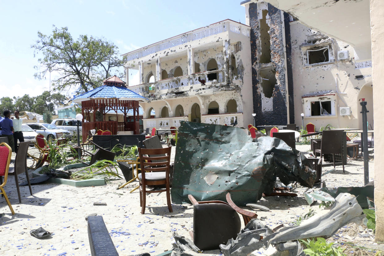 A view of Asasey Hotel after an attack, in Kismayo, Somalia, Saturday July 13, 2019.(AP Photo)