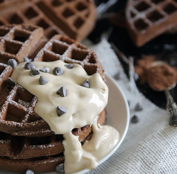 <strong>Get the <a href="http://www.runningtothekitchen.com/2014/02/chocolate-waffles-with-peanut-butter-sauce/" target="_blank">Chocolate Waffles with Peanut Butter Sauce recipe</a> from Running to the Kitchen</strong>