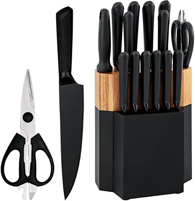 15 Pieces Black Kitchen Knife Set with Wooden Block- Amazon Canada