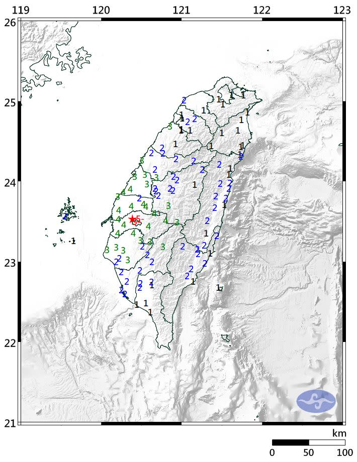9月5日下午5點30分在嘉義縣發生規模5.5地震，最大震級達5弱。（圖／翻攝自氣象局）