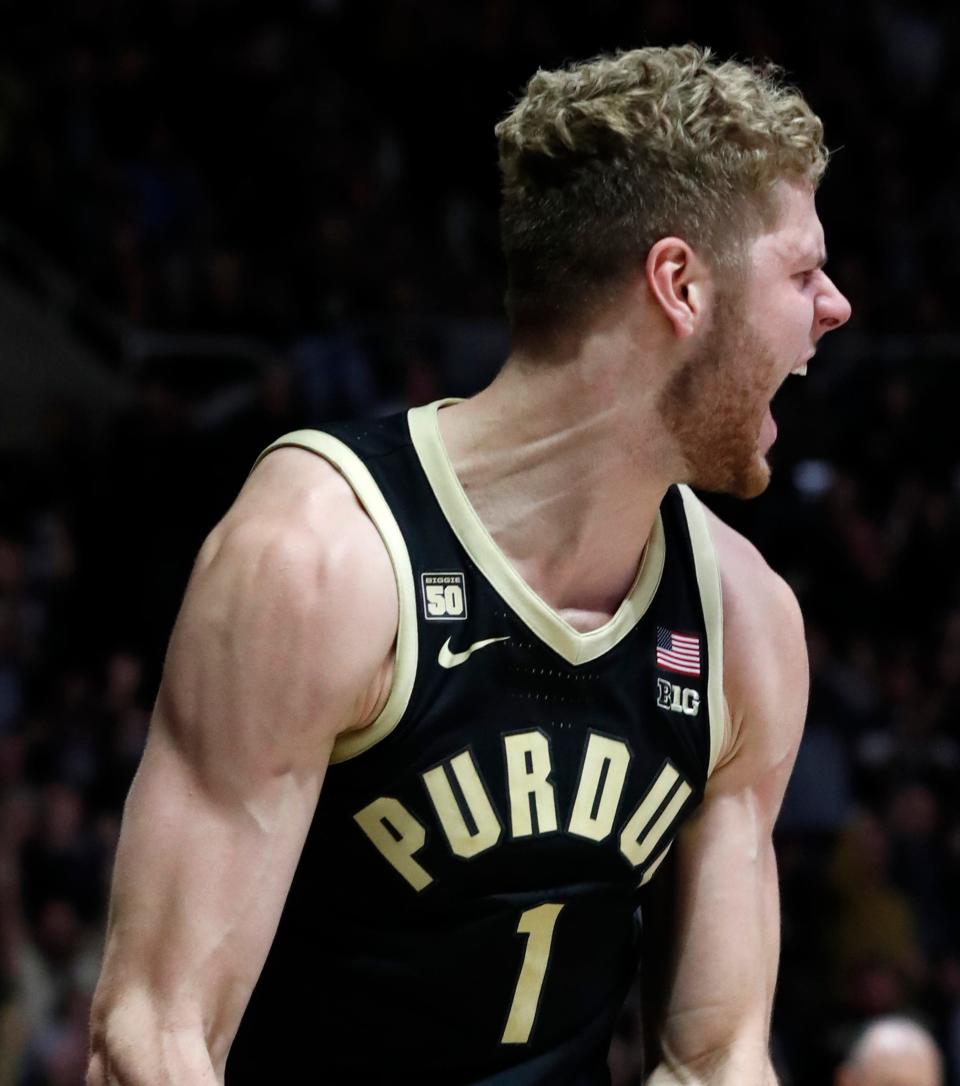 Purdue Boilermakers forward Caleb Furst (1) celebrates after making a basket during the NCAA men’s basketball game against the Marquette Golden Eagles, Tuesday, Nov. 15, 2022, at Mackey Arena in West Lafayette, Ind. Purdue won 75-70.