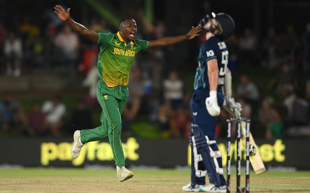 Kagiso Rabada of South Africa celebrates taking the wicket of Sam Curran of England looks on during the 1st One Day International between South Africa and England at Mangaung Oval - Alex Davidson/Getty Images