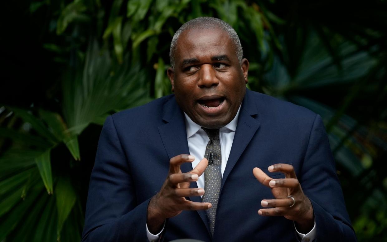 David Lammy gestures while speaking about climate and environment policy at Kew Gardens in London