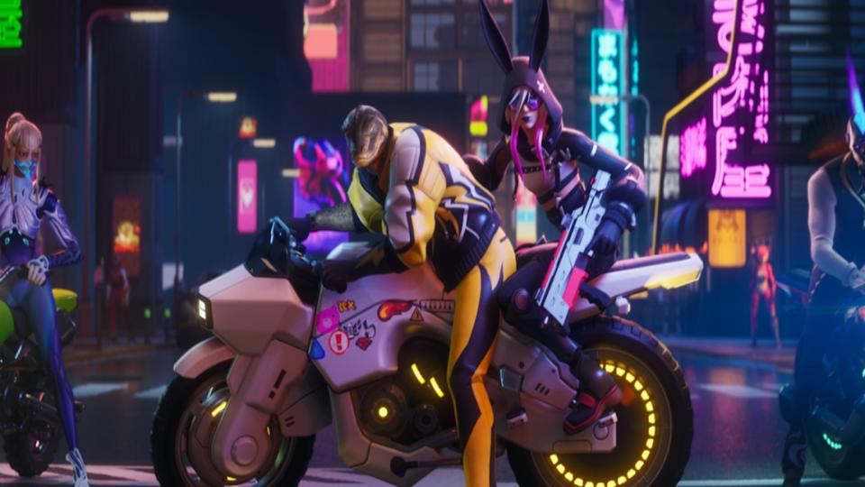 A chic woman and a lizardman ride a motorcycle in Mega City