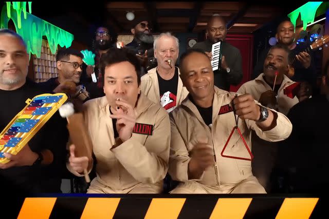 <p>The Tonight Show/YouTube</p> Ray Parker Jr., Bill Murray, Ernie Hudson, Jimmy Fallon, and the Roots play the 'Ghostbusters' theme song on 'The Tonight Show'