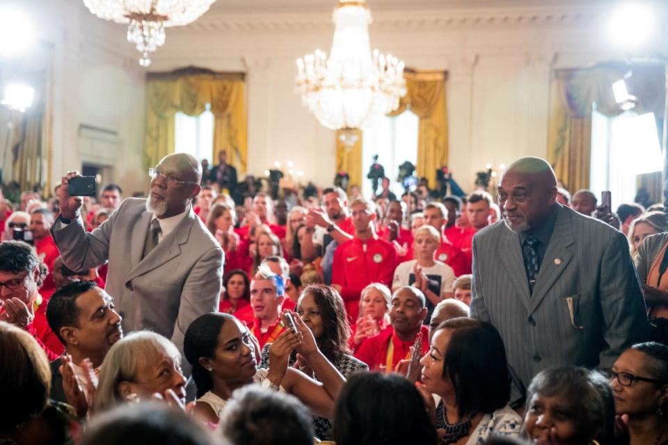 <p>1968 US Olympic athletes Tommie Smith, right, and John Carlos, left, stand as they are recognized by President Barack Obama during a ceremony in the East Room of the White House in Washington, Thursday, Sept. 29, 2016, where the president honored the 2016 United States Summer Olympic and Paralympic Teams. Smith and Carlos extended their gloved hands skyward in racial protest during the playing of “The Star-Spangled Banner” after Smith received the gold and Carlos the bronze medal in the 200 meter run at the Summer Olympic Games in Mexico City 1968. (AP Photo/Andrew Harnik)</p>