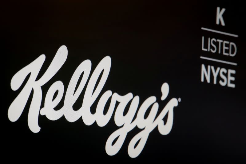 The company logo and ticker symbol for The Kellogg Company, is displayed on a screen on the floor of the NYSE in New York