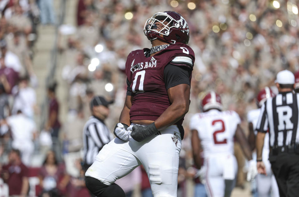 Oct 7, 2023; College Station, Texas; Texas A&M Aggies defensive lineman Walter Nolen (0) reacts after a play during the second quarter against the Alabama Crimson Tide at Kyle Field. Troy Taormina-USA TODAY Sports