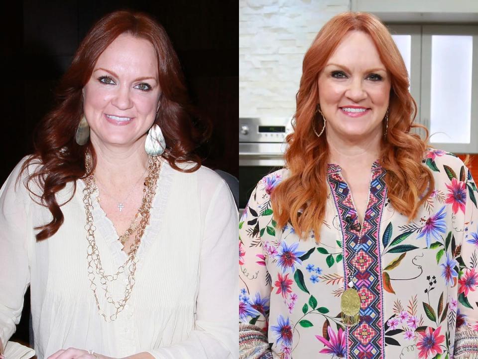 On the left, Ree Drummond in a white shirt. On the right, her with a floral blouse.