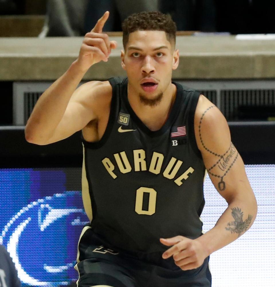 Purdue Boilermakers forward Mason Gillis (0) celebrates after making a basket during the NCAA men’s basketball game against the Penn State Nittany Lions, Wednesday, Feb. 1, 2023, at Mackey Arena in West Lafayette, Ind. 