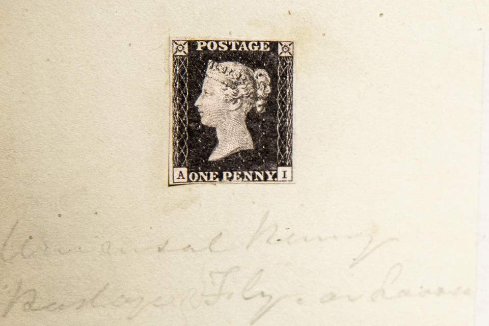 The worlds first postage stamp, the Penny Black, is displayed at Sothebys in Hong Kong on October 26, 2021, ahead of its auction in London on December 7 that is expected to fetch between 5.5 million to 8.2 million USD. - RESTRICTED TO EDITORIAL USE - MANDATORY MENTION OF THE ARTIST UPON PUBLICATION - TO ILLUSTRATE THE EVENT AS SPECIFIED IN THE CAPTION (Photo by ISAAC LAWRENCE / AFP) / RESTRICTED TO EDITORIAL USE - MANDATORY MENTION OF THE ARTIST UPON PUBLICATION - TO ILLUSTRATE THE EVENT AS SPECIFIED IN THE CAPTION / RESTRICTED TO EDITORIAL USE - MANDATORY MENTION OF THE ARTIST UPON PUBLICATION - TO ILLUSTRATE THE EVENT AS SPECIFIED IN THE CAPTION (Photo by ISAAC LAWRENCE/AFP via Getty Images)