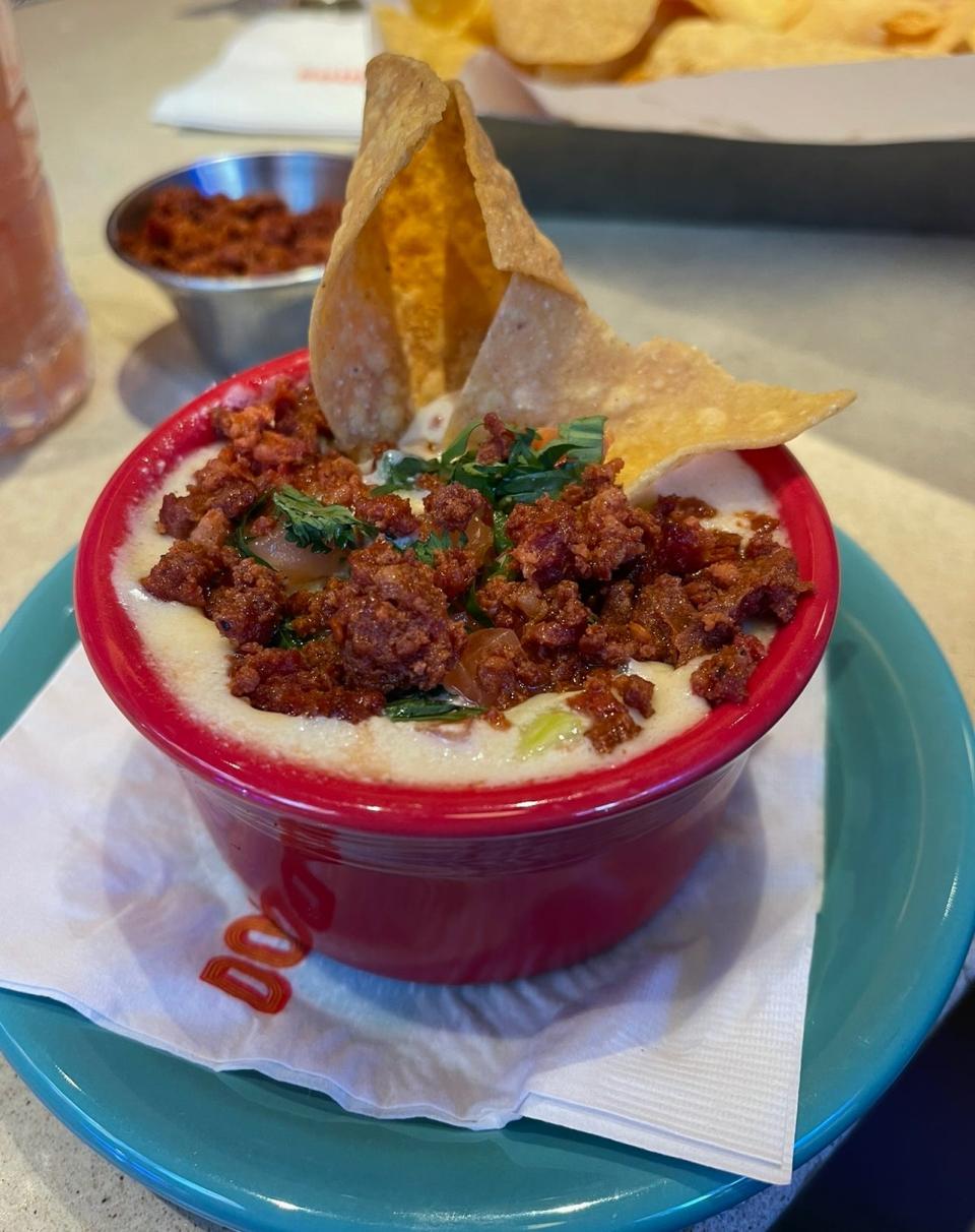 Tex mex queso with added chorizo from Dos Caminos in New York City.