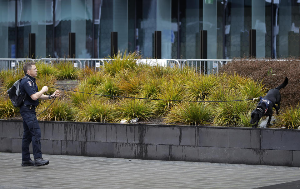 A police dog handler patrols outside the Christchurch High Court as family and survivors from the March 2019 Christchurch mosque shootings arrive for the sentencing of twenty-nine-year-old Australian Brenton Harrison Tarrant, in Christchurch, New Zealand, Monday, Aug. 24, 2020. Tarrant has pleaded guilty to 51 counts of murder, 40 counts of attempted murder and one count of terrorism in the worst atrocity in the nation's modern history. (AP Photo/Mark Baker)