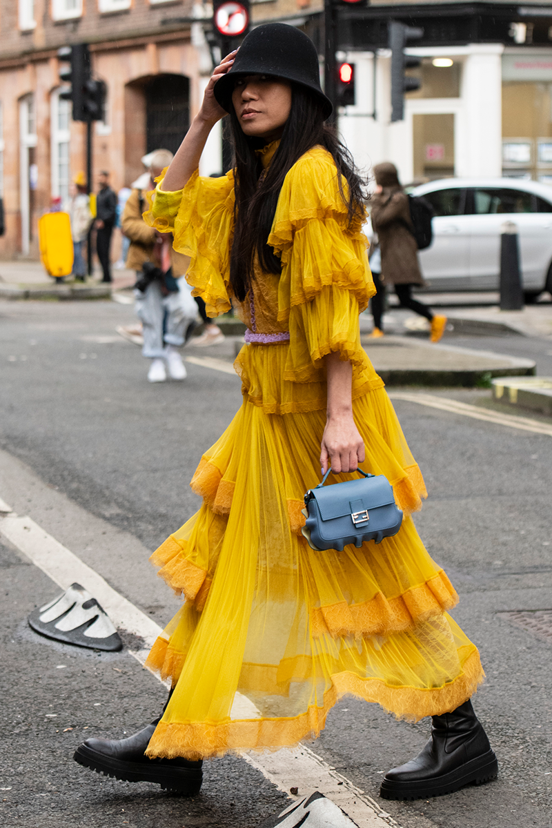 <p>Give maxis that little extra ‘something something’ by experimenting with different materials and silhouettes. This tiered sunshine yellow mesh dress with a ruffled trim is a case in point.</p>