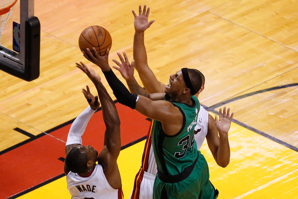 MIAMI, FL - MAY 28: Paul Pierce #34 of the Boston Celtics drives for a shot attempt in the first half against Dwyane Wade #3 of the Miami Heat in Game One of the Eastern Conference Finals in the 2012 NBA Playoffs on May 28, 2012 at American Airlines Arena in Miami, Florida. NOTE TO USER: User expressly acknowledges and agrees that, by downloading and or using this photograph, User is consenting to the terms and conditions of the Getty Images License Agreement. (Photo by J. Meric/Getty Images)