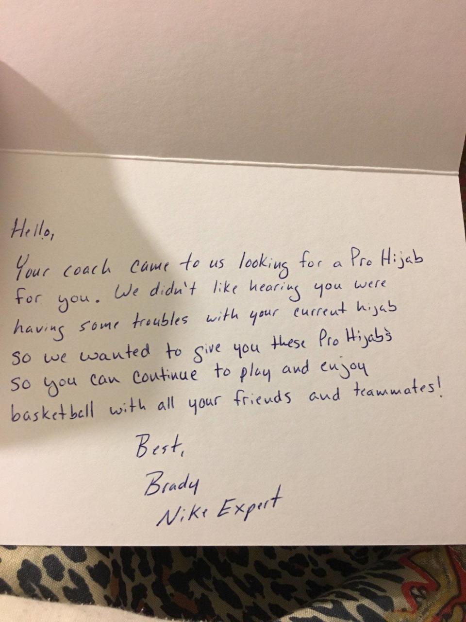 The letter Camrin Hampton received from ‘Brady,’ the mysterious Nike customer service agent whose good deed provided her the hijab she needed to keep playing basketball. (Photo via Camrin Hampton)