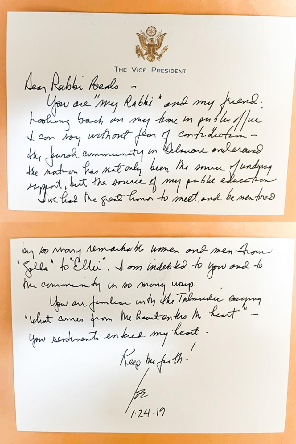 A letter from then-Vice President Joe Biden to Rabbi Michael Beals, dated Jan. 24, 2019. (Michael Beals)