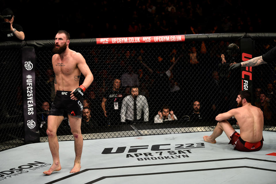 LONDON, ENGLAND - MARCH 17:  (L-R) Paul Craig of Scotland reacts after defeating Magomed Ankalaev in their light heavyweight bout inside The O2 Arena on March 17, 2018 in London, England. (Photo by Brandon Magnus/Zuffa LLC/Zuffa LLC via Getty Images)