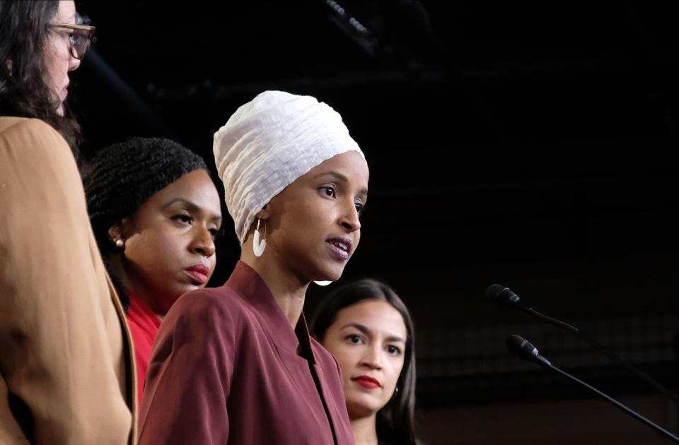 <h1 class="title">Congresswomen Ocasio-Cortez, Tlaib, Omar, And Pressley Hold News Conference After President Trump Attacks Them On Twitter</h1><cite class="credit">Alex Wroblewski/Getty Images</cite>
