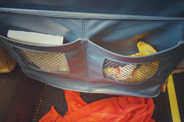 Messy Dirty Airplane Passenger Seat Pocket, Trash, Banana Peel, Blanket