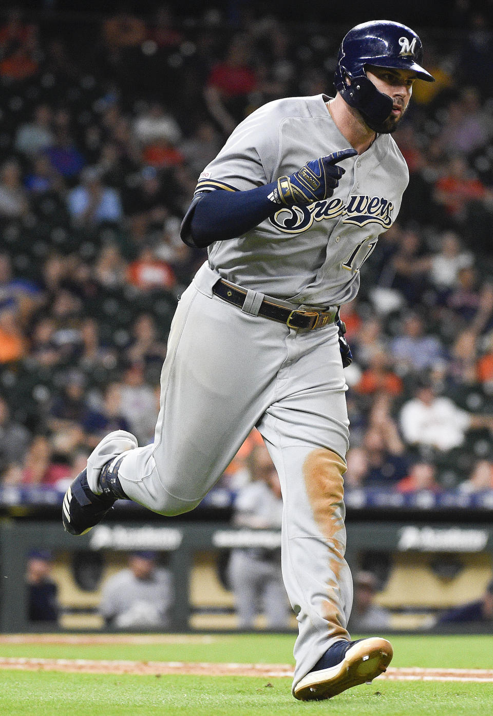 Milwaukee Brewers' Mike Moustakas runs the bases after hitting a two-run home run off Houston Astros relief pitcher Cionel Perez during the 14th inning of a baseball game Wednesday, June 12, 2019, in Houston. (AP Photo/Eric Christian Smith)