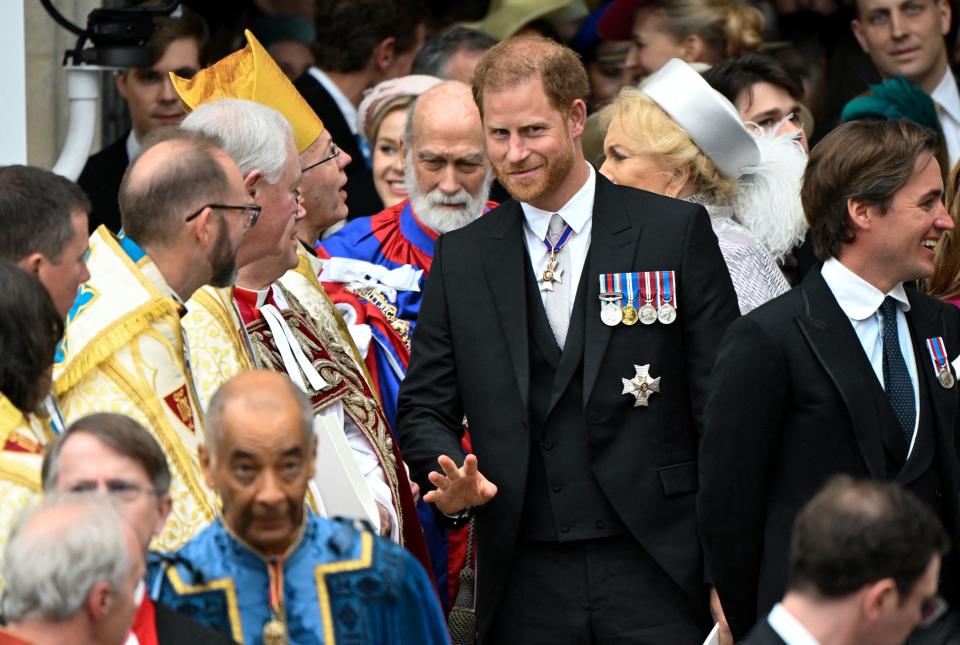 Britain's Prince Harry, Duke of Sussex leaves after attending the coronations of Britain's King Charles III and Britain's Camilla, Queen Consort, at Westminster Abbey in central London on May 6, 2023. - The set-piece coronation is the first in Britain in 70 years, and only the second in history to be televised. Charles will be the 40th reigning monarch to be crowned at the central London church since King William I in 1066. Outside the UK, he is also king of 14 other Commonwealth countries, including Australia, Canada and New Zealand. Camilla, his second wife, will be crowned queen alongside him, and be known as Queen Camilla after the ceremony. (Photo by TOBY MELVILLE / POOL / AFP) (Photo by TOBY MELVILLE/POOL/AFP via Getty Images)