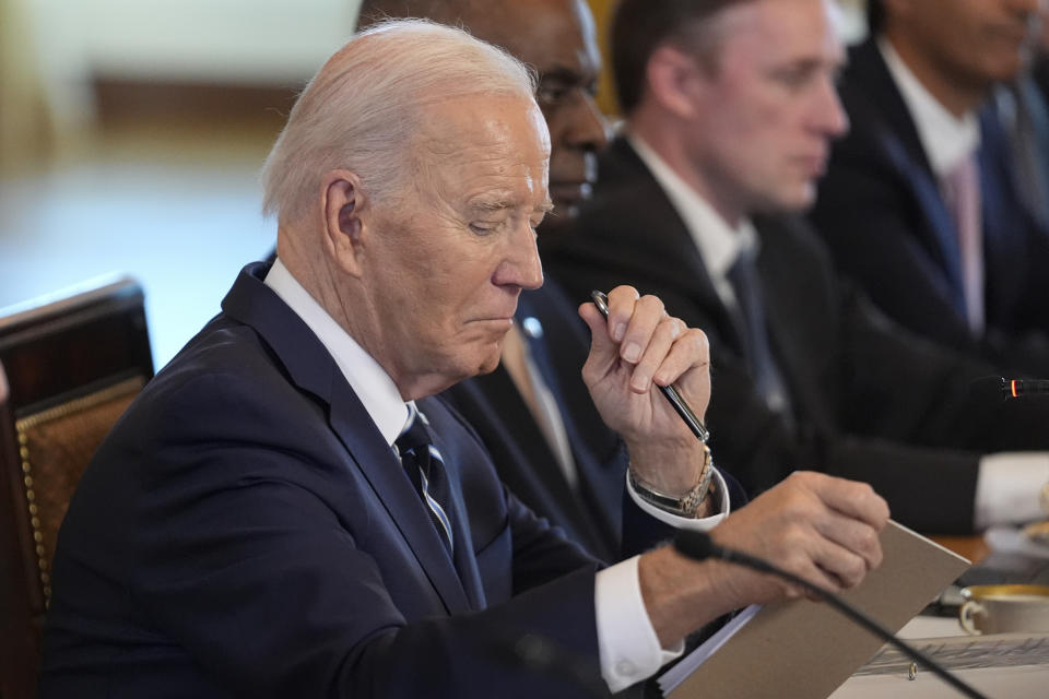 President Joe Biden listens as he meets with Polish President Andrzej Duda and Polish Prime Minister Donald Tusk in the East Room of the White House, Tuesday, March 12, 2024, in Washington. (AP Photo/Andrew Harnik)