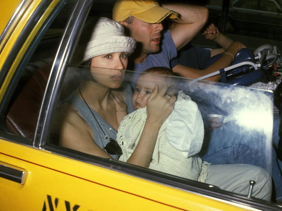 Demi Moore, Bruce Willis, and daughter Rumer Willis in New York City in 1989