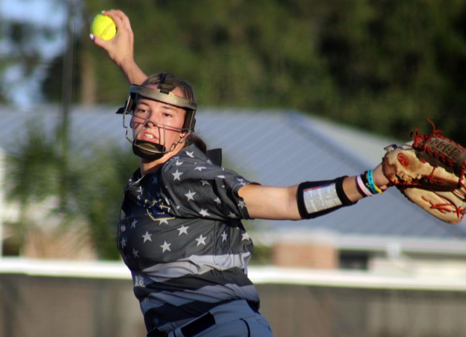 University Christian's Sophia Kardatzke delivers a pitch during the FHSAA District 3-2A high school softball final at Providence.