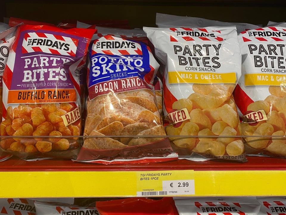 bags of tgi friday's potato chips on the shelves of an irish grocery store