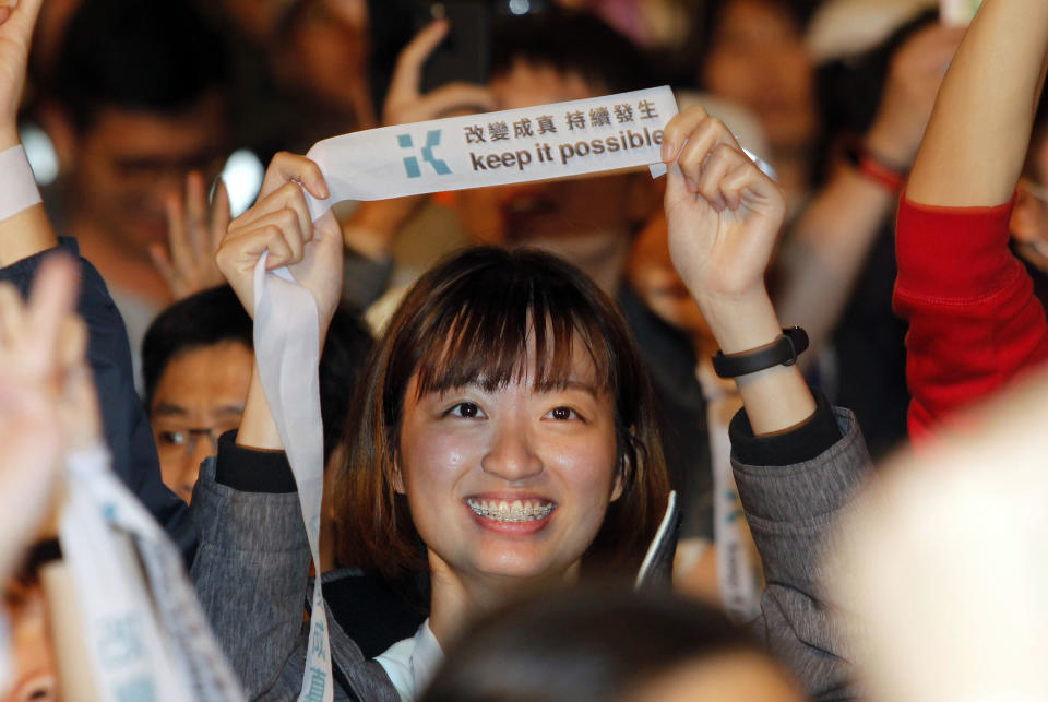 A supporter of Taipei city mayor and city mayoral candidate Ko Wen-je cheer for Ko''s victory with slogan "Keep It Possible" in Taipei, Taiwan, Sunday early morning, Nov. 25, 2018. Taiwan's ruling party suffered a major defeat Saturday in local elections seen as a referendum on the administration of the island's independence-leaning president amid growing economic and political pressure from China. (AP Photo/Chiang Ying-ying)