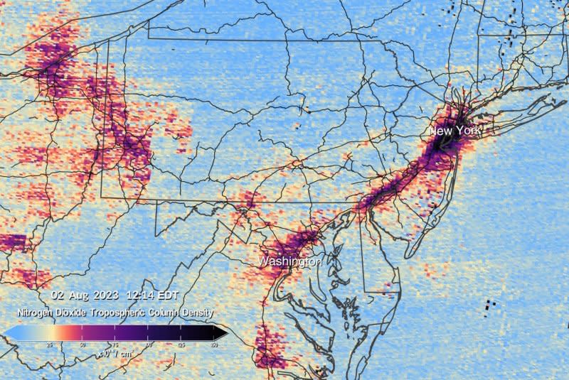 NASA released the first pollution data maps from its TEMPO instrument orbiting 22,000 miles over the equator. This combined pair of images shows nitrogen dioxide levels over the Washington, D.C./Philadelphia/New York region at 12:14 and 4:24 p.m. on August 2, as measured by TEMPO.
Photo by Kel Elkins, Trent Schindler, and Cindy Starr/NASA's Scientific Visualization Studio