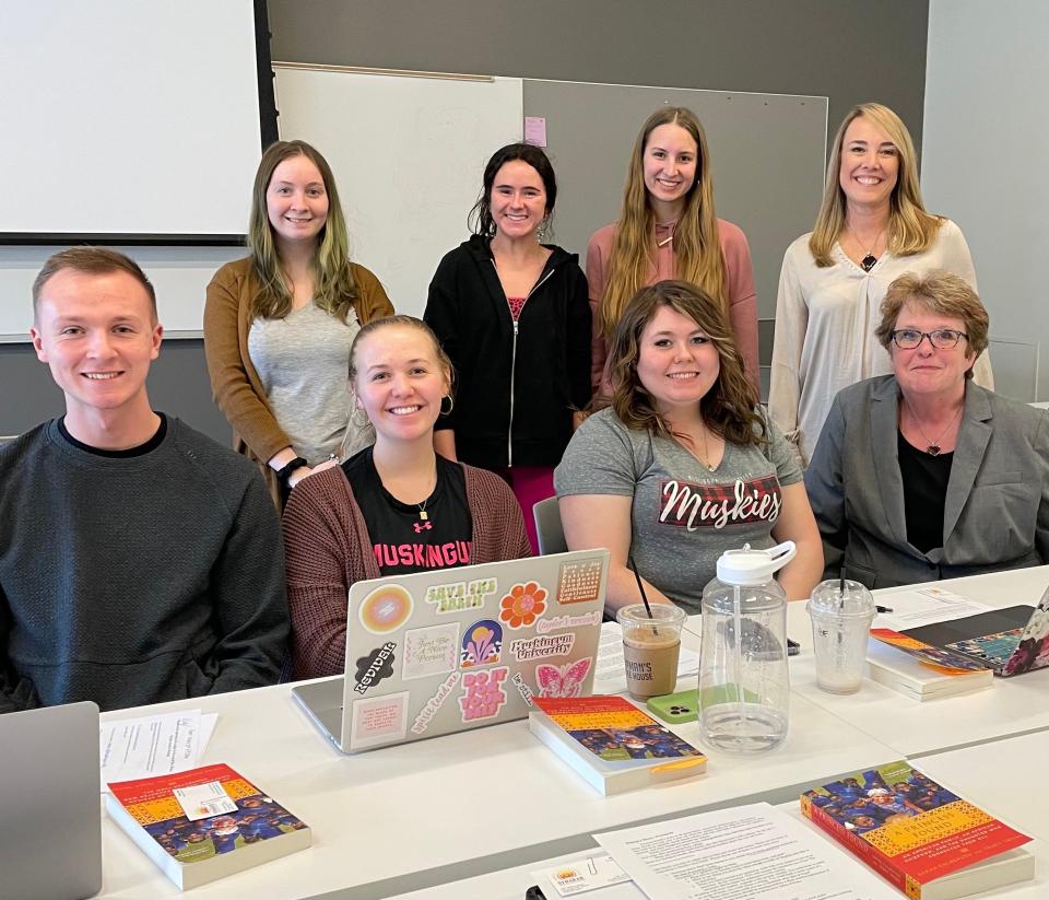 Muskingum University students recently served as judges for a writing contest. They include, front row, Kody Melvin, Audra Wills, Amaris Carpenter, Straker Foundation Program Director Pam Kirst, back row, Haley Frazier, Peyton Joy, Courtney Rose and Laura Reed of Muskingum University.