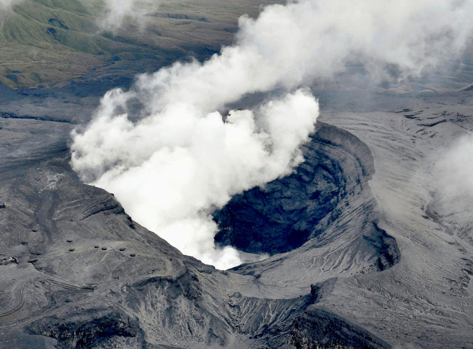 An aerial view shows the eruption of Mount Aso in Aso