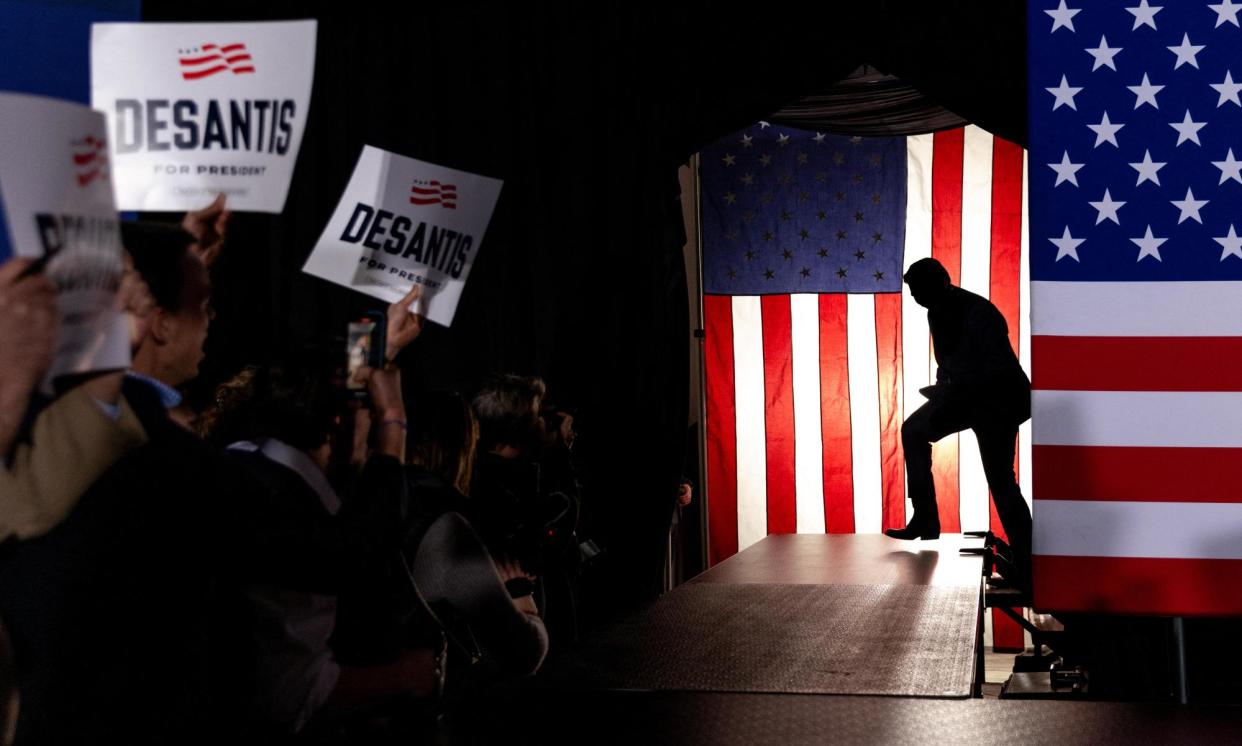 <span>Ron DeSantis’s presidential campaign blew through $160m to garner barely 23,000 votes in Iowa.</span><span>Photograph: Nikhinson Julia/ABACA/REX/Shutterstock</span>