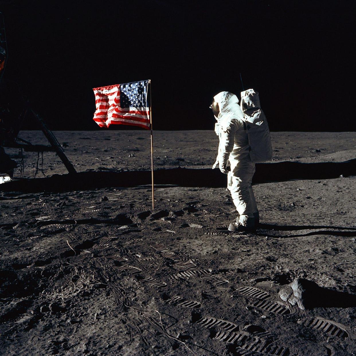 Buzz Aldrin poses for a photograph on the Moon - REX/Shutterstock