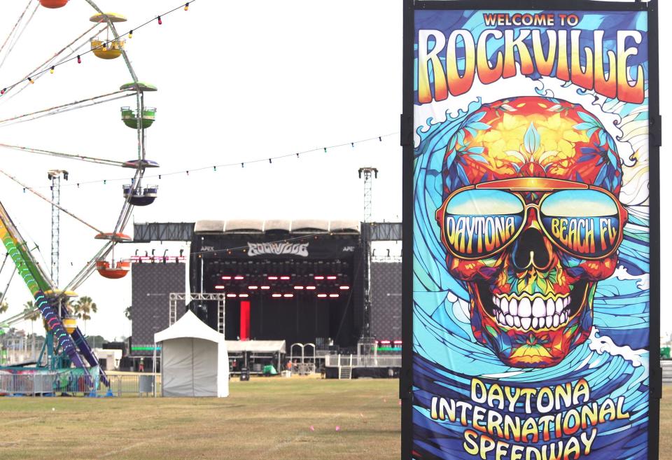 Stages and concert signage take shape in the infield of Daytona International Speedway, where the Welcome to Rockville music festival will unfold Thursday-Sunday in Daytona Beach.