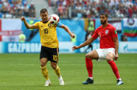 <p>Belgium’s Eden Hazard in action with England’s Ruben Loftus-Cheek (REUTERS/Sergio Perez) </p>